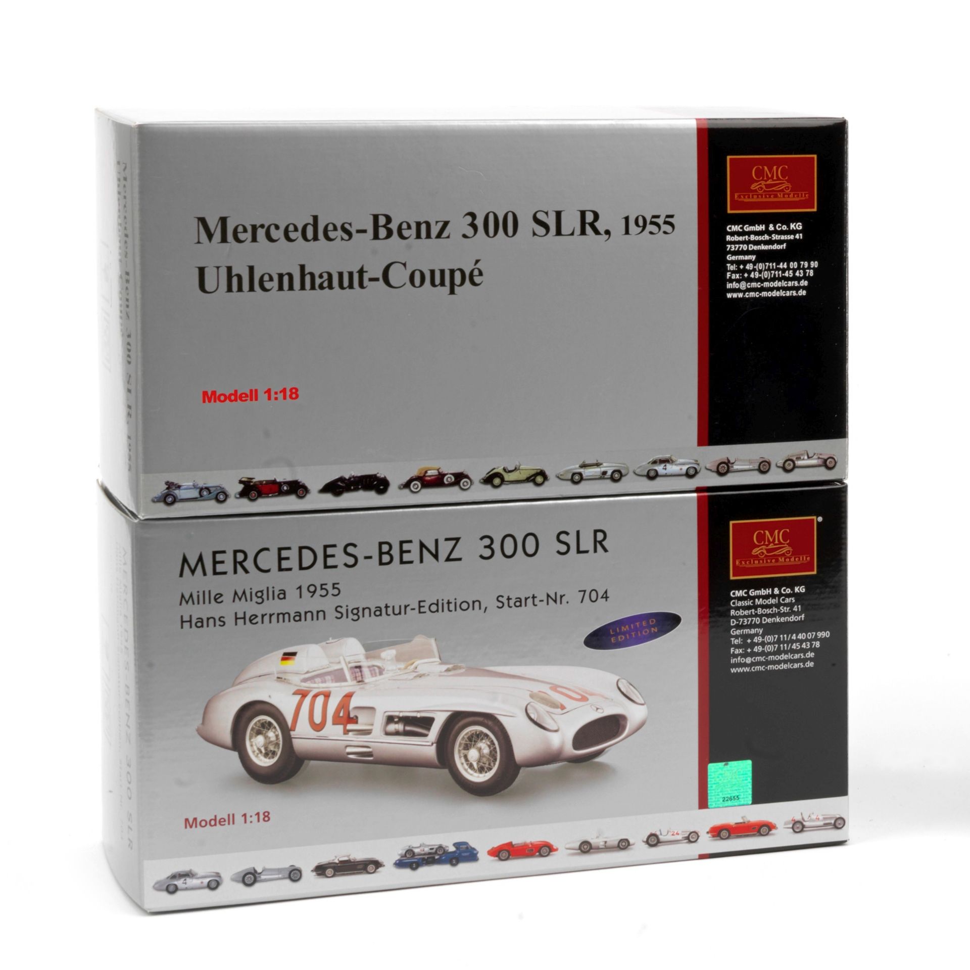 Two boxed 1:18 scale 1955 Mercedes-Benz 300 SLR models, by CMC Models of Germany, ((2))