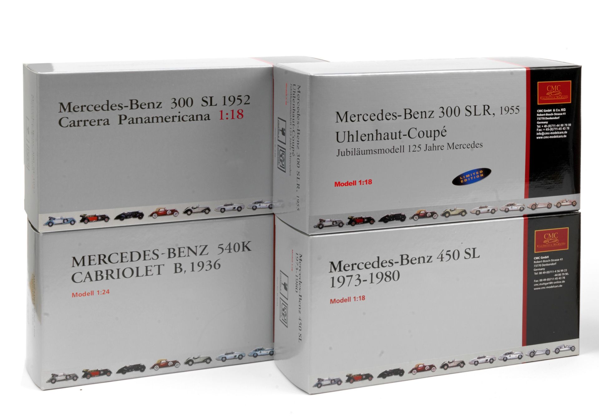 Four boxed scale models of Mercedes-Benz cars, by CMC Models of Germany, ((4))