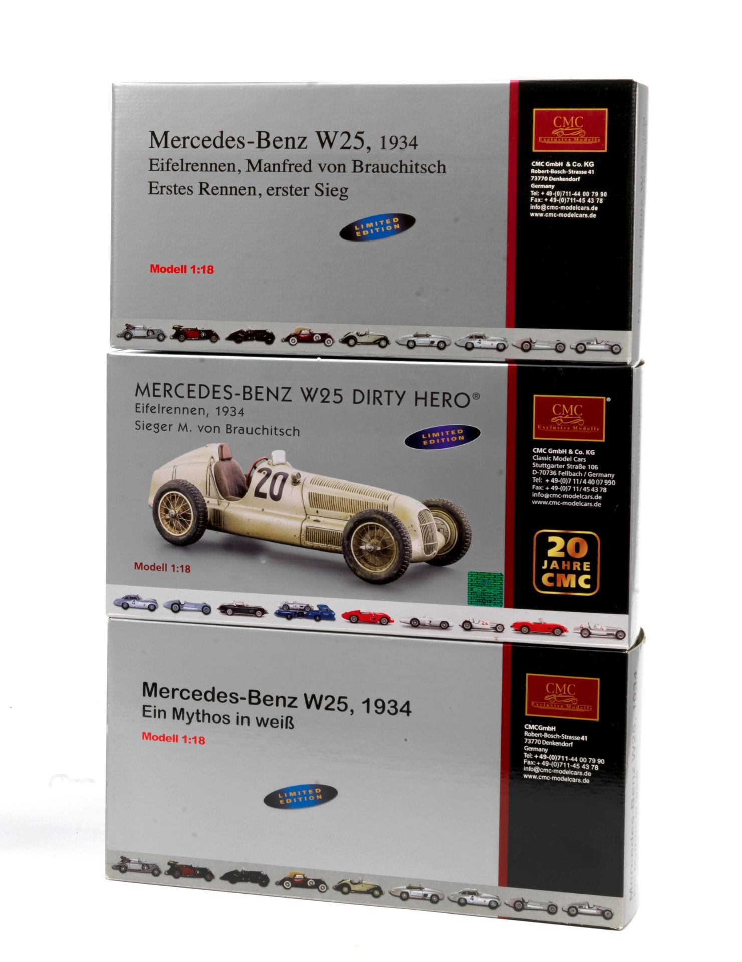 Three boxed 1:18 scale 1934 Mercedes-Benz W25 limited edition models, by CMC Models of Germany, ...