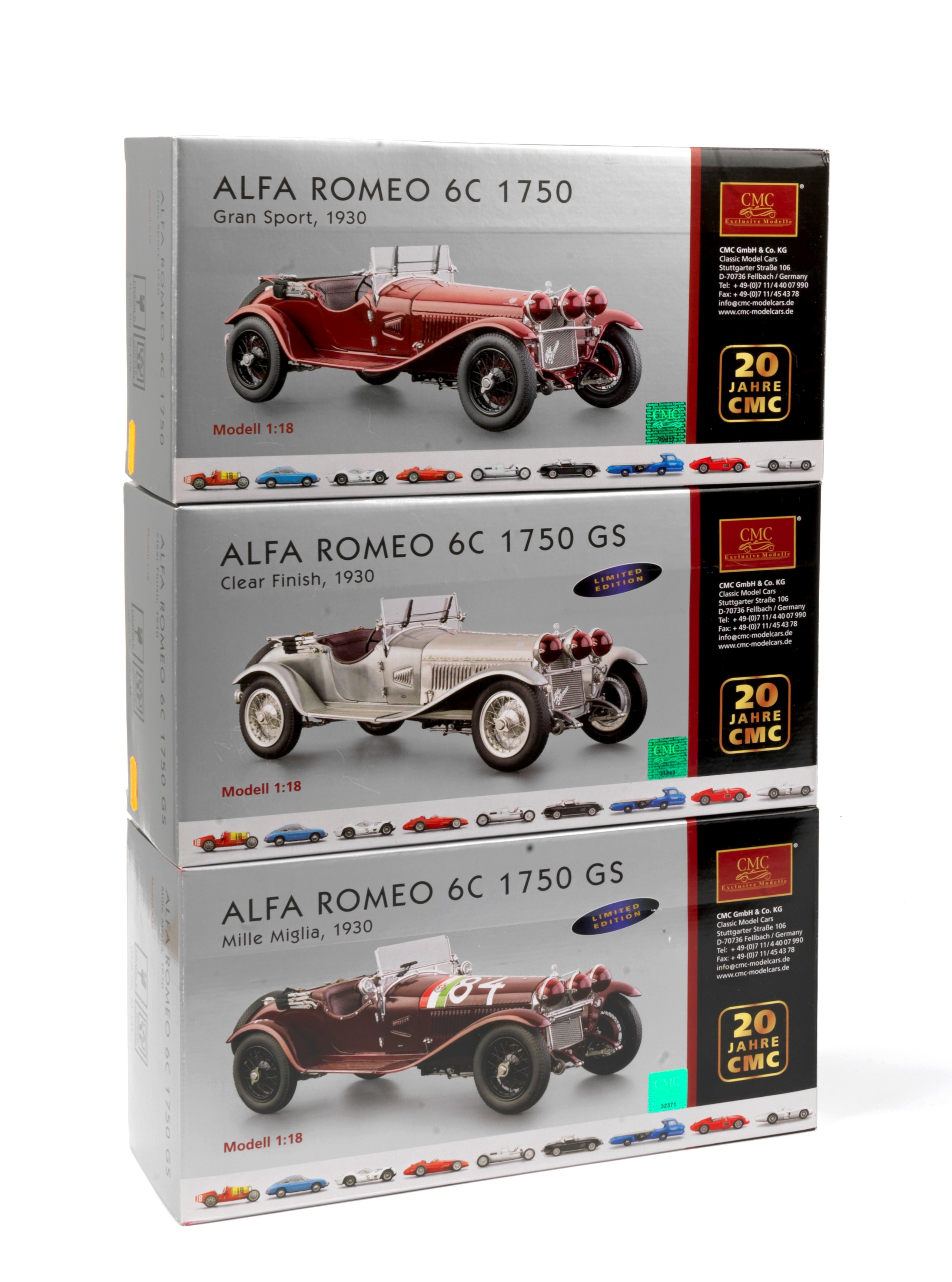 Three boxed 1:18 scale 1930 Alfa Romeo 6C 1750 Gran Sport models, by CMC Models of Germany, ((3))