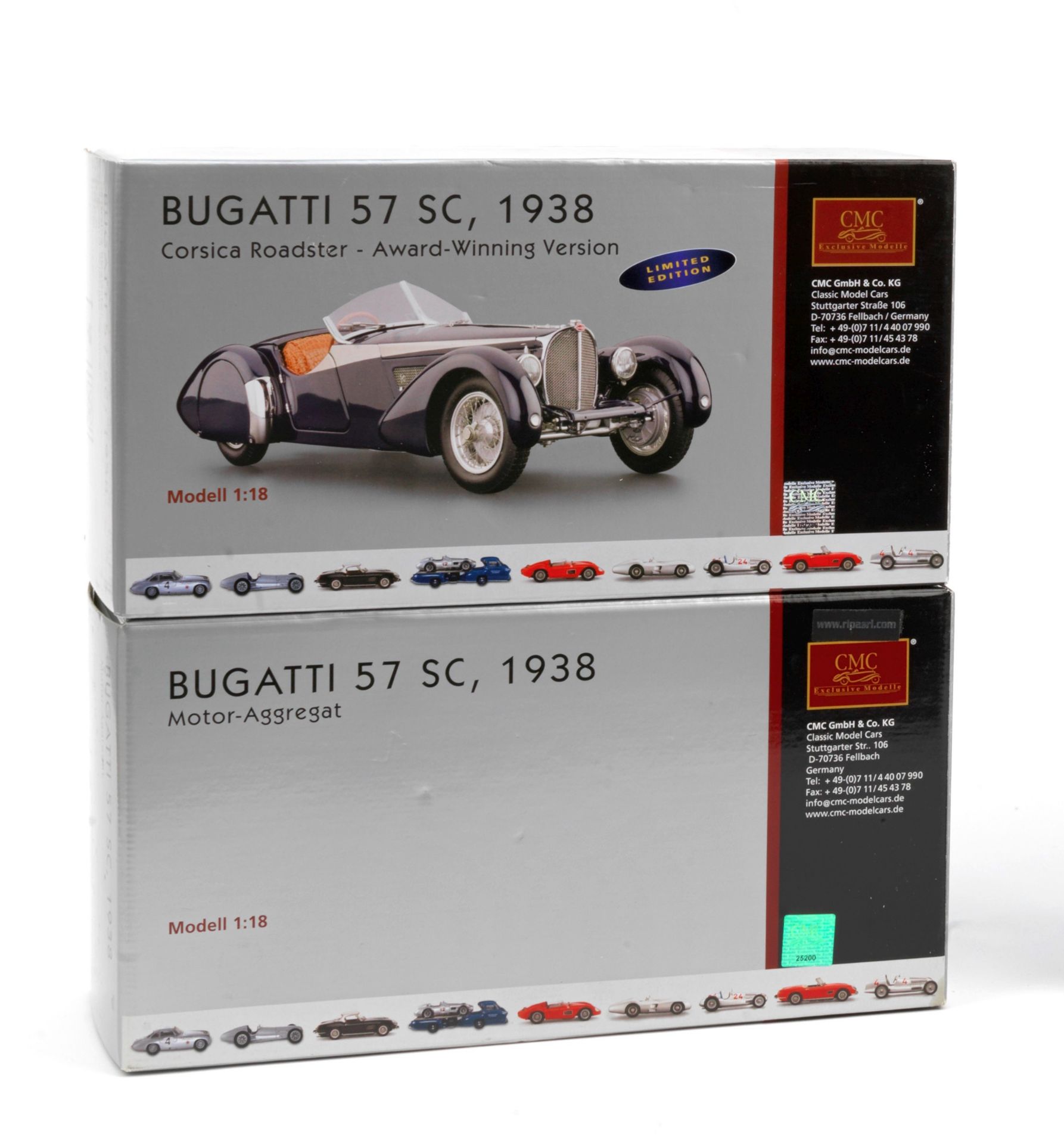 Two boxed 1:18 scale models of a 1938 Bugatti Type 57 SC and engine, by CMC Models of Germany, (...
