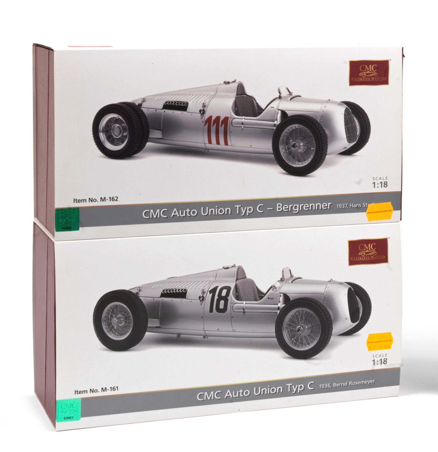 Two boxed 1:18 scale Auto Union Type C limited edition models, by CMC Models of Germany, ((2))