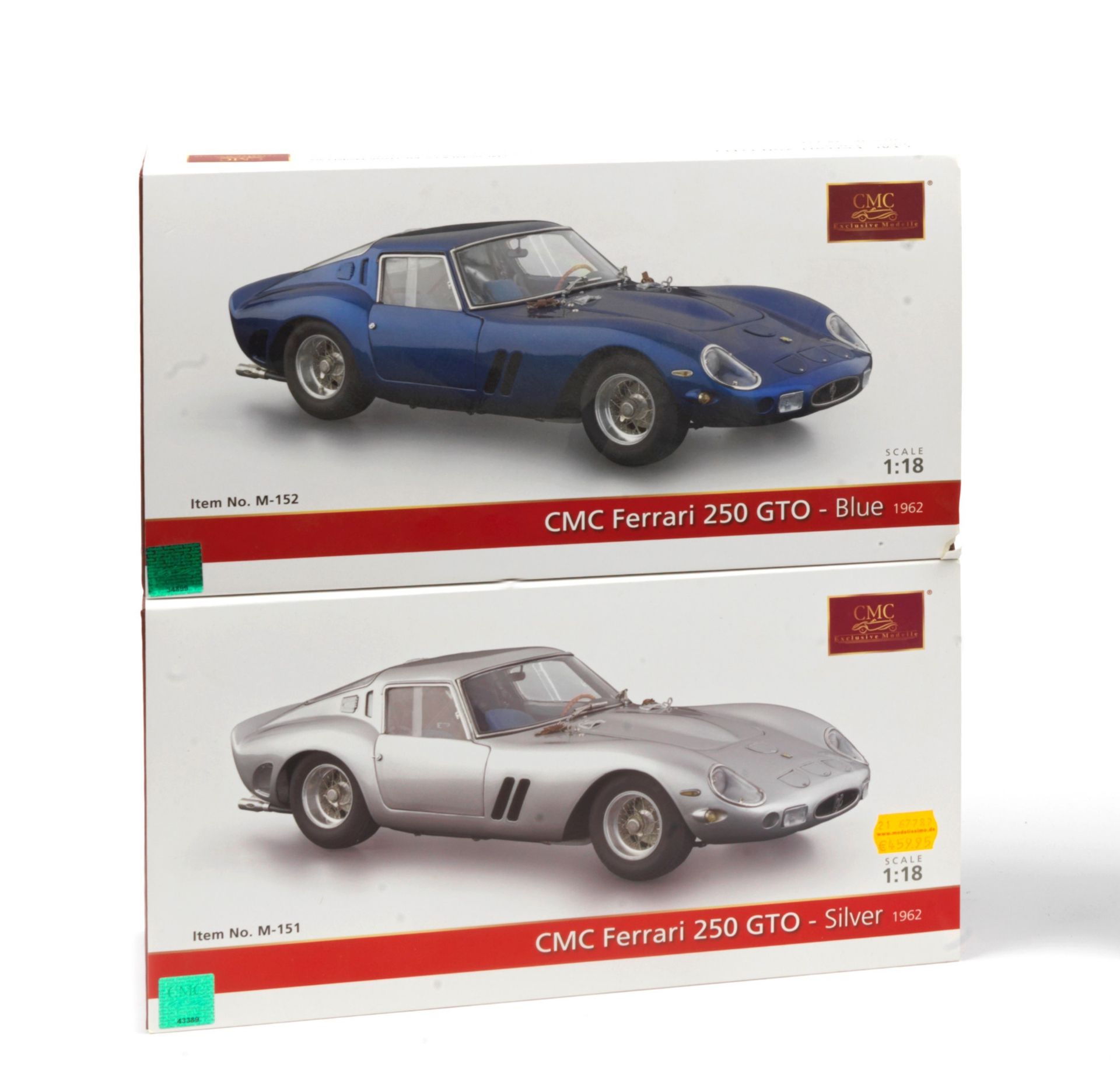 Two boxed 1:18 scale 1962 Ferrari 250 GTO models, by CMC Models of Germany, ((2))