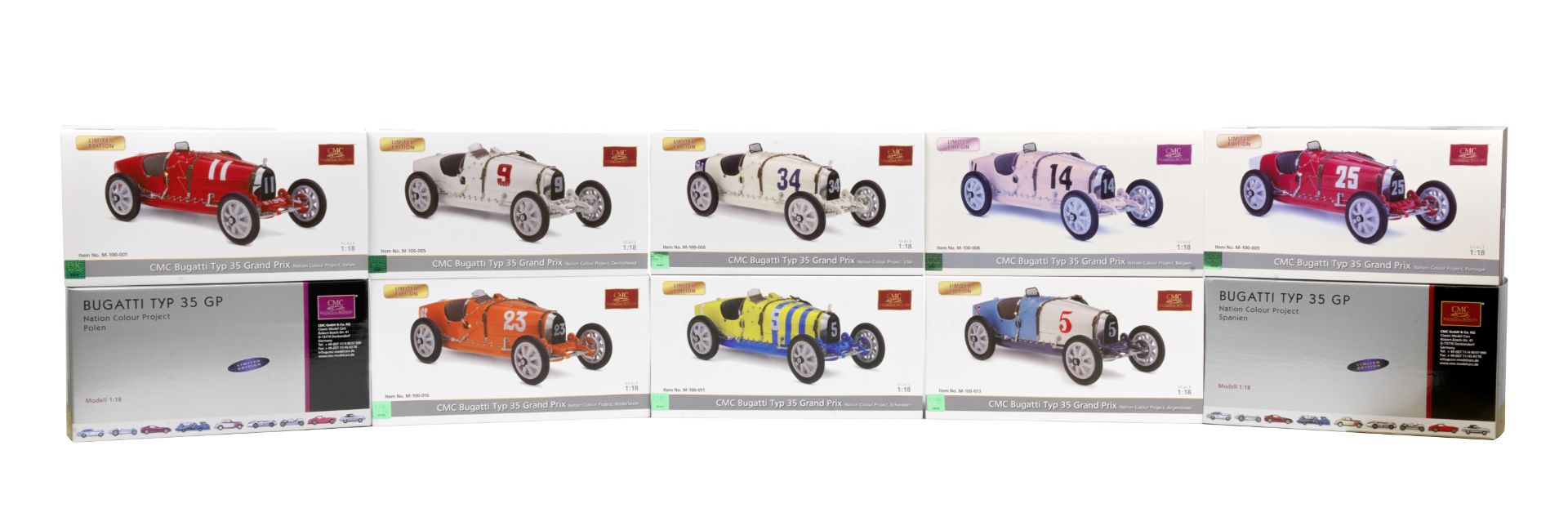 Ten boxed 1:18 scale Bugatti Type 35 Grand Prix 'National Colour Project' limited edition models,...