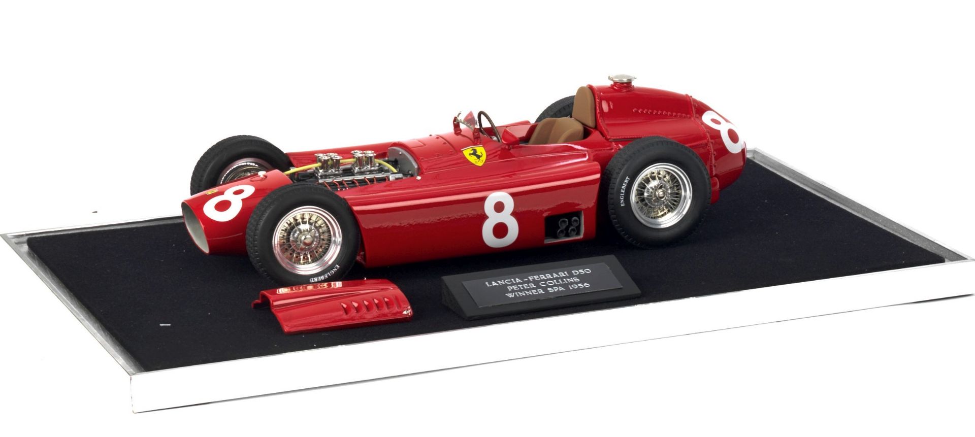 A 1:12 scale model of Peter Collins' 1956 Belgian Grand Prix winning Lancia-Ferrari D50, by Midla...
