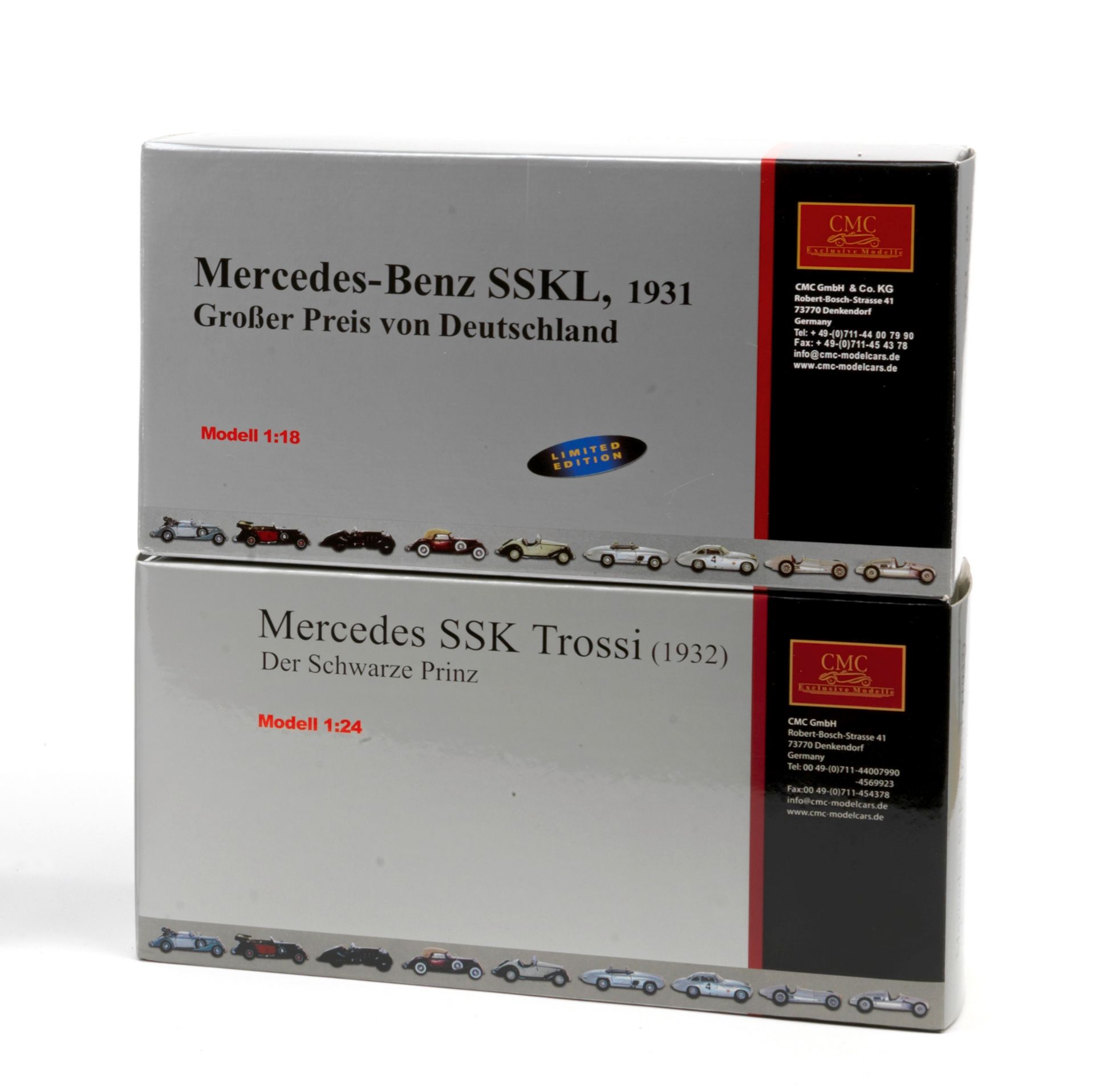 Two boxed Mercedes-Benz SSK and SSKL scale models, by CMC Models of Germany, ((2))