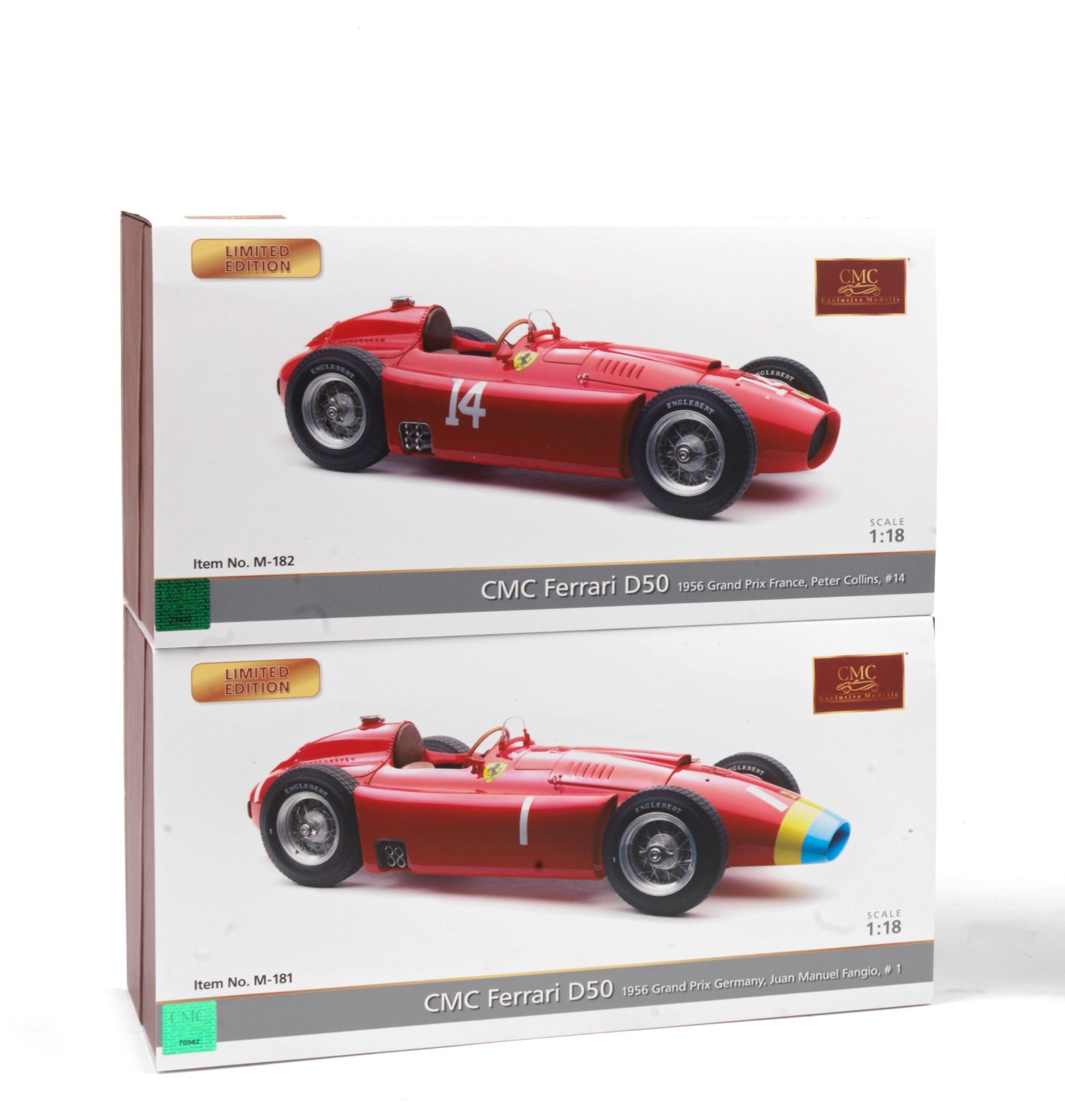 Two boxed 1:18 scale limited edition 1956 Grand Prix Ferrari D50 models, by CMC Models of Germany...