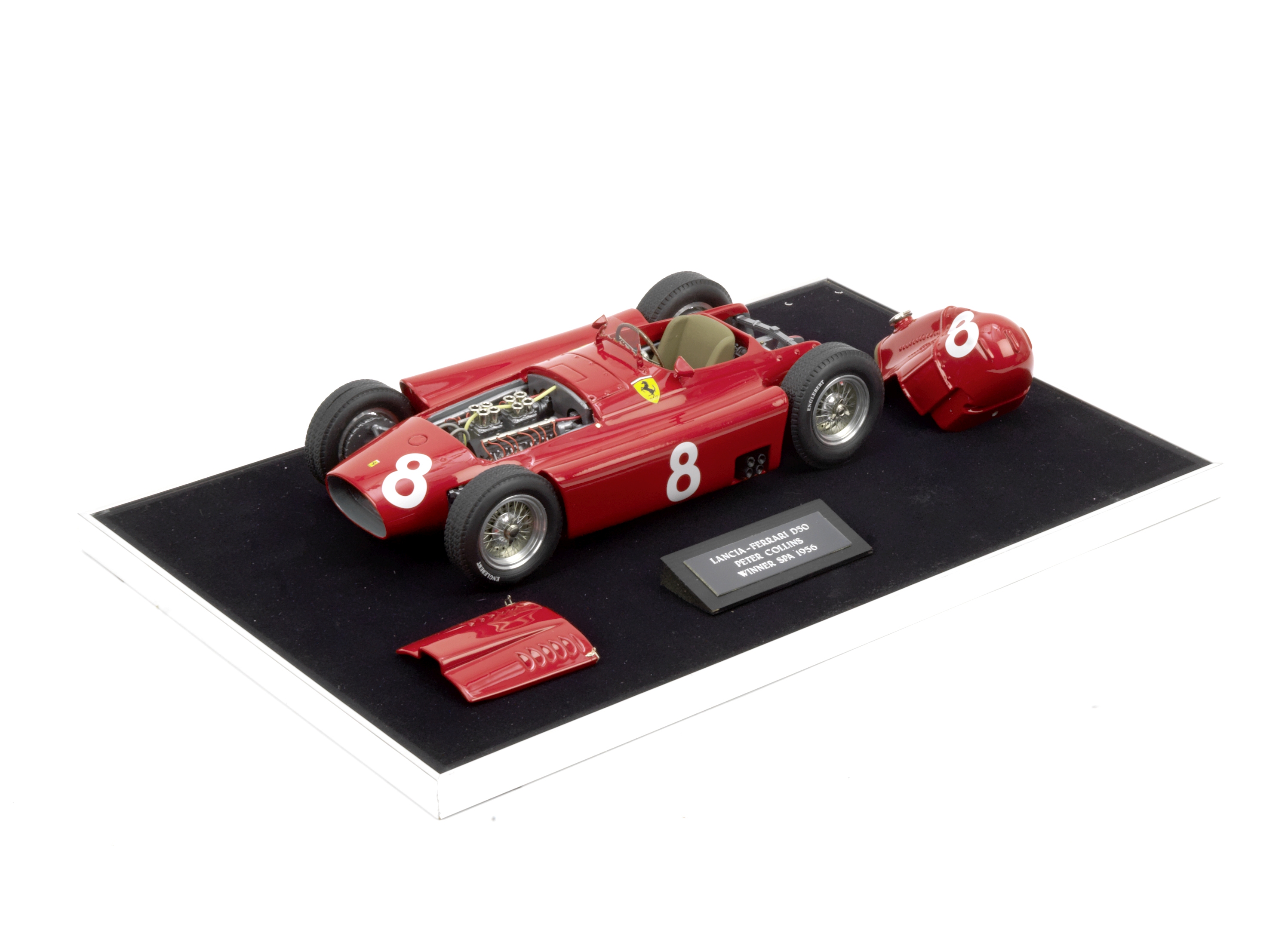 A 1:12 scale model of Peter Collin's 1956 Belgian Grand Prix winning Lancia-Ferrari D50,