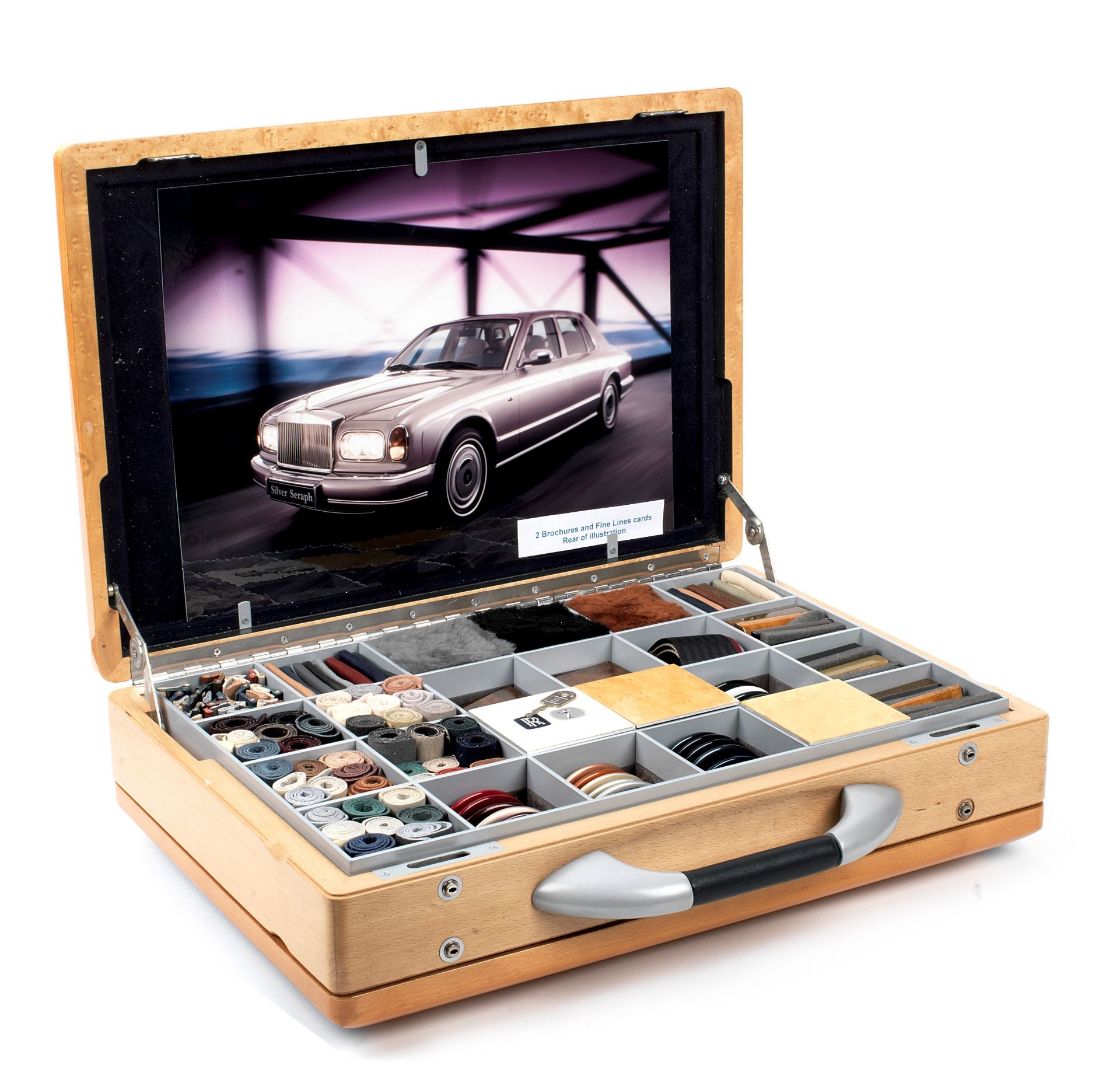 A fine wooden-cased samples kit for Rolls-Royce Silver Seraph and Bentley Arnage, supplied by Mul...