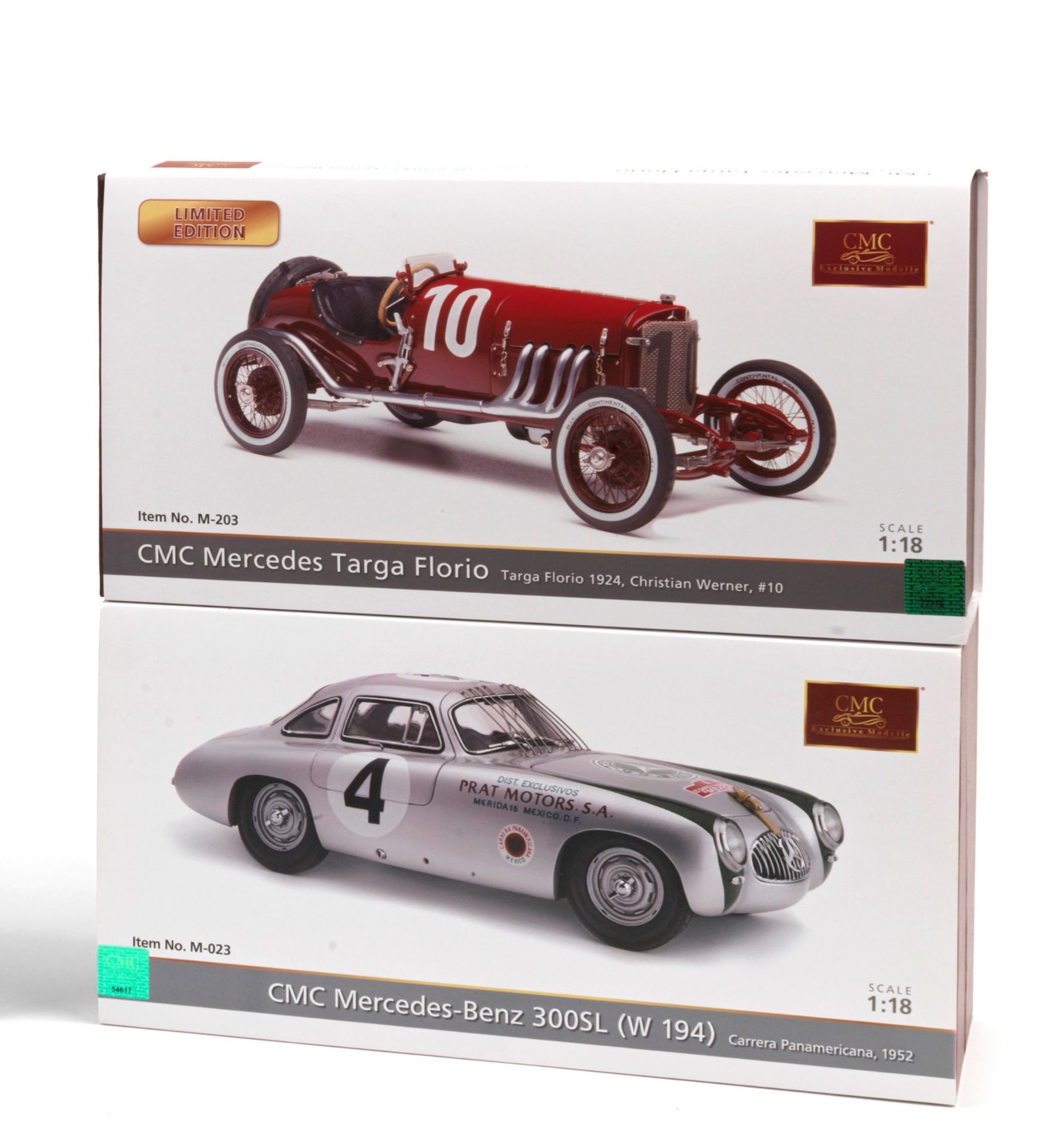 Two boxed 1:18 scale race-winning Mercedes models, by CMC Models of Germany, ((2))