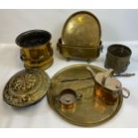 A mixed lot of brass and copper ware to include arts & crafts lion head handle coal bucket, arts and