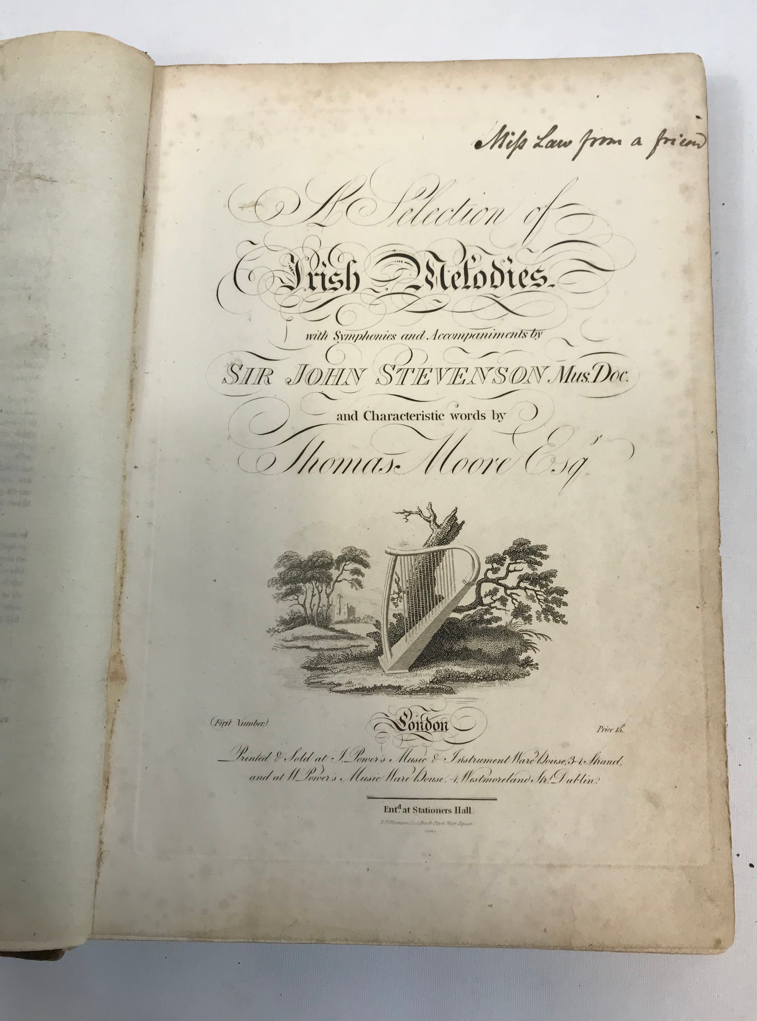 Miss Law. A Selection of Irish Melodies with Symphonies and Accompaniments by Sir John Stevenson