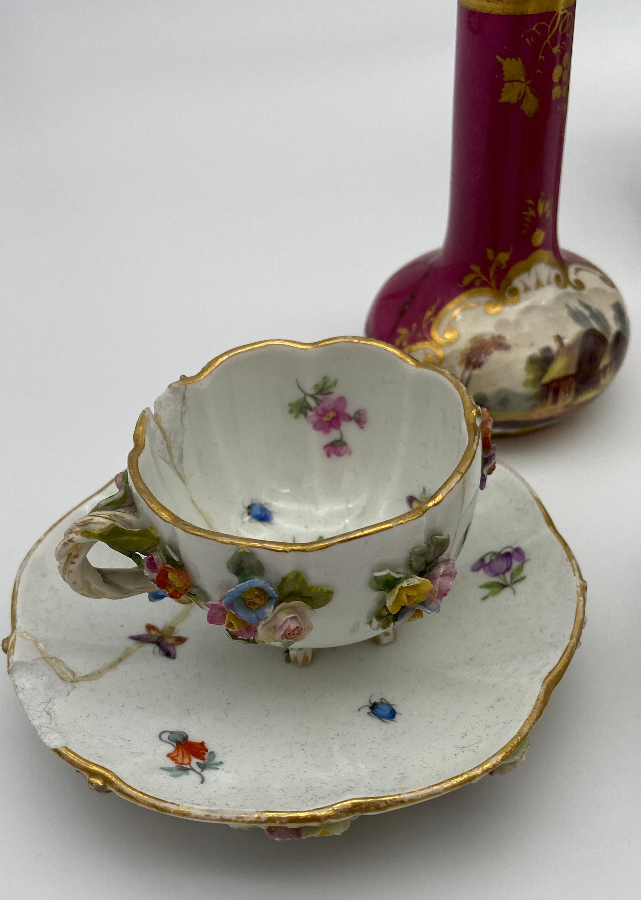 A Collection of antique porcelain to include two panel painted Meissen style loving cups with - Image 4 of 7