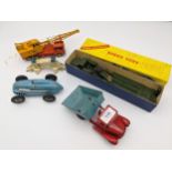 Mixed lot of play worn toys to include; tin plate racing car, Dinky Tank Transporter with box, Dinky