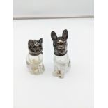 A 900 Grade silver and glass cruet set in the form of a pug dog and a cat. [PUG AS FOUND]