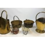 A Selection of Copper and brass wares to include Jelly pans, coal scuttles and arts and crafts