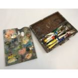 Antique Artist travel case, containing paint set and pallet.