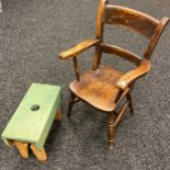 Antique child's arm chair together with a modern made foot stool.