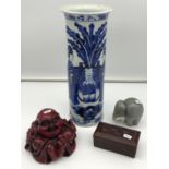 A 19th century Chinese blue and white brush pot/ vase. [As Found]. Resin Laughing buddha figure,