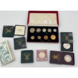 A Collection of Five Shilling coins, Diana crown and Royal Mint 1950 decimal set with box.