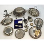 A Collection of Silver plated and E.P Wares to include four foot tureen lidded dish, hip flask,