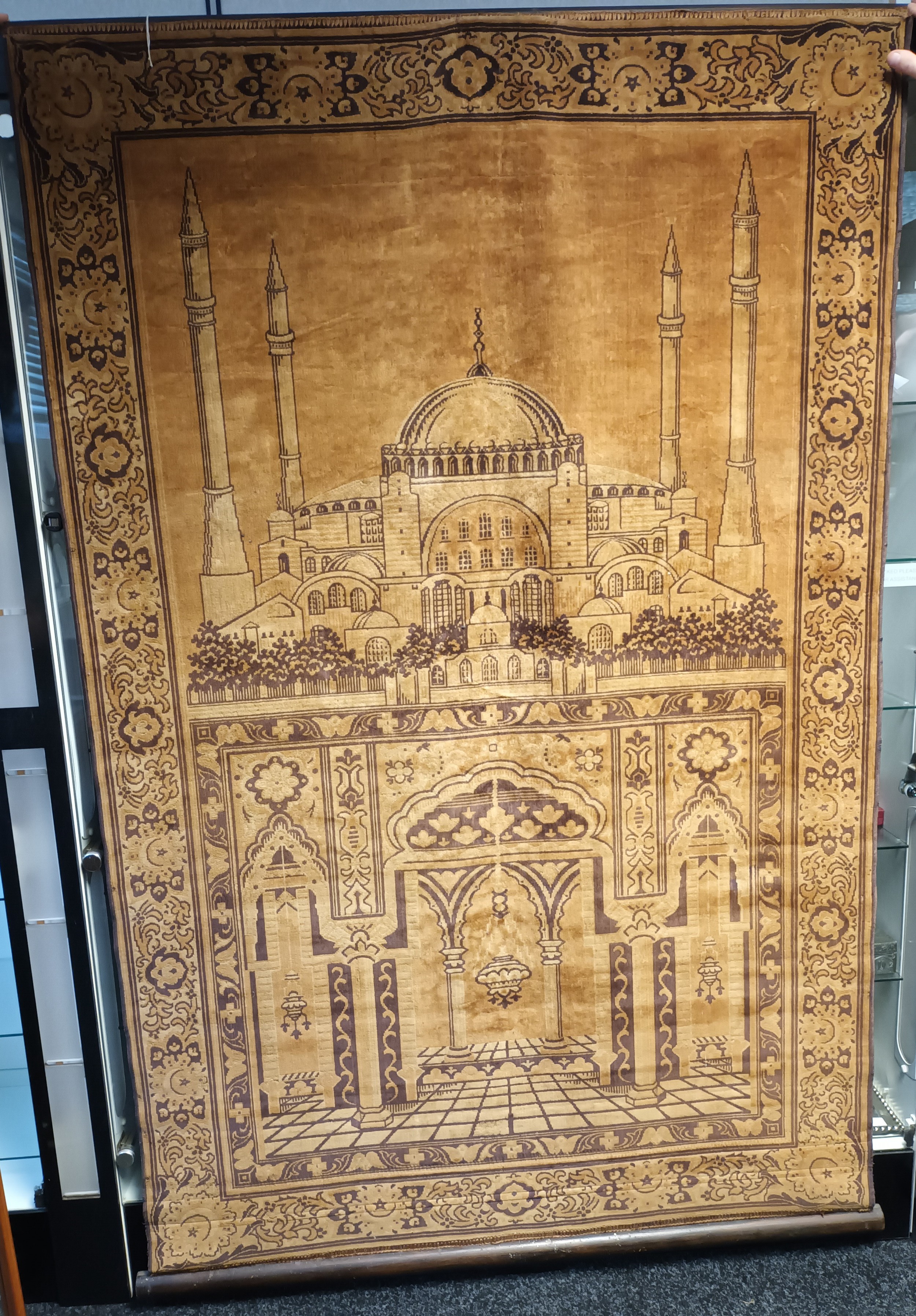 An Antique wall hanging rug depicting Hagia Sophia mosque Istanbul. Plus small silk prayer