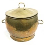 A Large and heavy, Arts & Crafts brass two handle lidded coal pot with liner. [45cm in height]