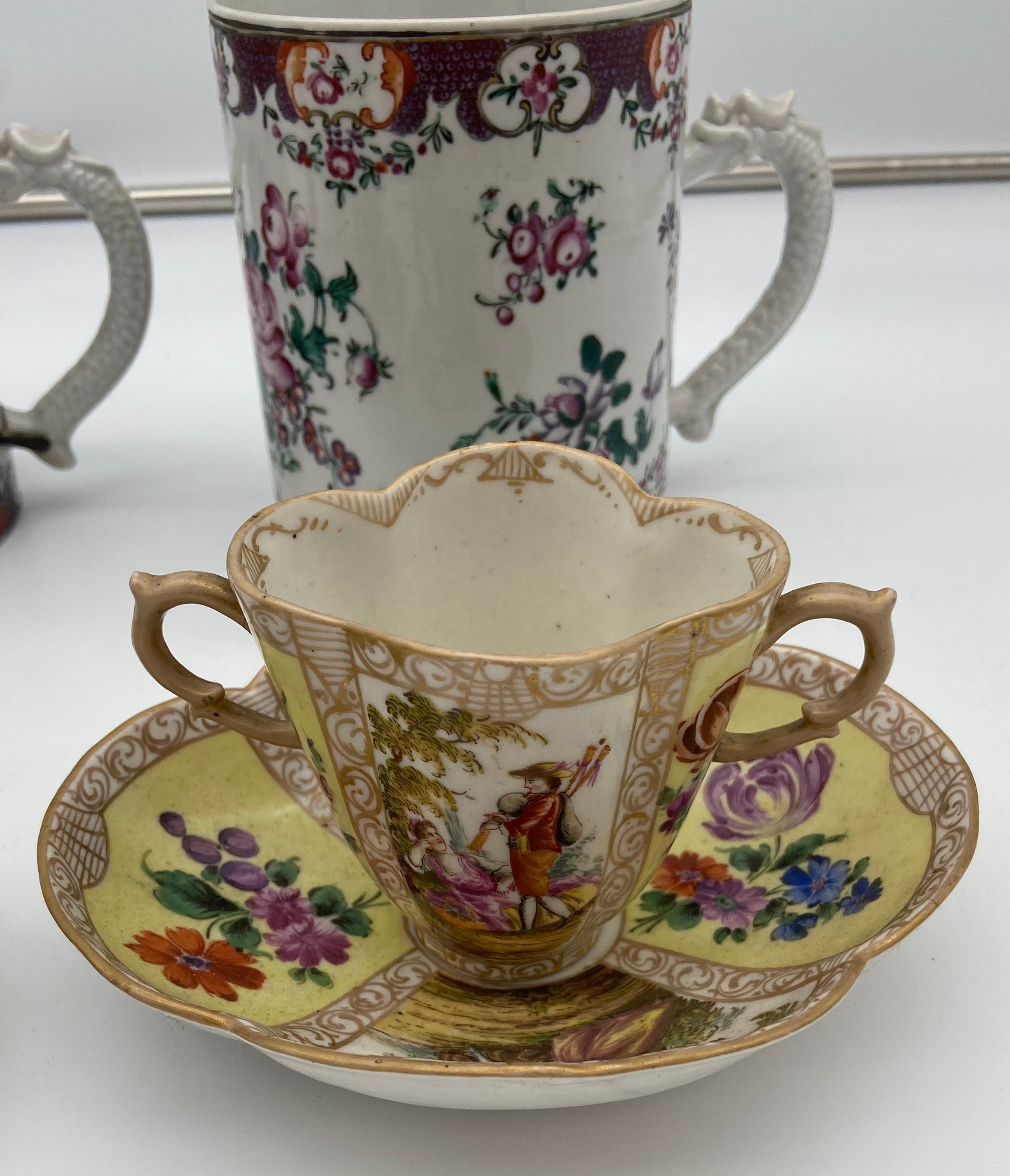 A Collection of antique porcelain to include two panel painted Meissen style loving cups with - Image 2 of 7