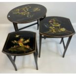 A Nest of three Chinese lacquered and hand painted tables.