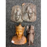 A selection of carved Asian & tribal items to include Japanese bust, Chinese Warrior god and a