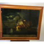 An 18th century plate painting on glass depicting a galleon ship on fire. Titled 'The Representation