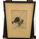 Antique pastel drawing of a spaniel dog holding a mallard duck within its mouth. Signed by L. W.