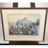 An original watercolour depicting the Royal Scots marching in front of Edinburgh Castle, [signed,