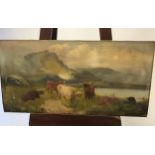 A 18th/ 19th century oil painting on canvas depicting Highland cows grazing. Signed to the corner by