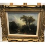 An 18th/ 19th century oil on canvas depicting country and river scene. [Unsigned] Fitted with a