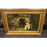 A Large early 20th century oil painting on canvas depicting lady seated by the fire, old lady