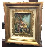 A Small painting depicting a couple and their dog, by a fountain. Signed to the corner by the