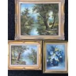 Three various oil on canvas, two depicting river and forest landscapes by I Cafier and the other