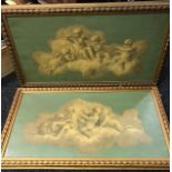 Two large paintings on canvas depicting cherubs resting on a cloud. Both fitted within a moulded