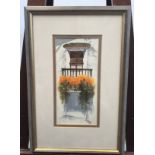 An Original watercolour depicting a foreign balcony, Signed Raitt. [23x11cm- artwork] [39.5x26cm-