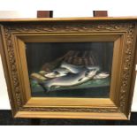 Oil painting on canvas titled 'A Basket of Sea Trout', signed [J.B. Russell, 1819-1893], Frame, [