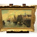 A 19th century oil on canvas depicting a harbour scene. Signed Wm Porter. [William Porter], Fitted