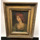 An 18th/ 19th century oil painting on canvas depicting a portrait an European lady. Fitted within an