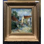 An oil painting on canvas depicting village scene possibly of Culross. Fitted within a gilt and