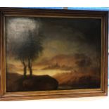 A Large 19th century oil painting on canvas depicting a rural landscape, cattle and ruins. Fitted