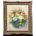 A Large oil painting on canvas depicting still life bouquet of flowers. Signed E. Kinnoch, 1948.