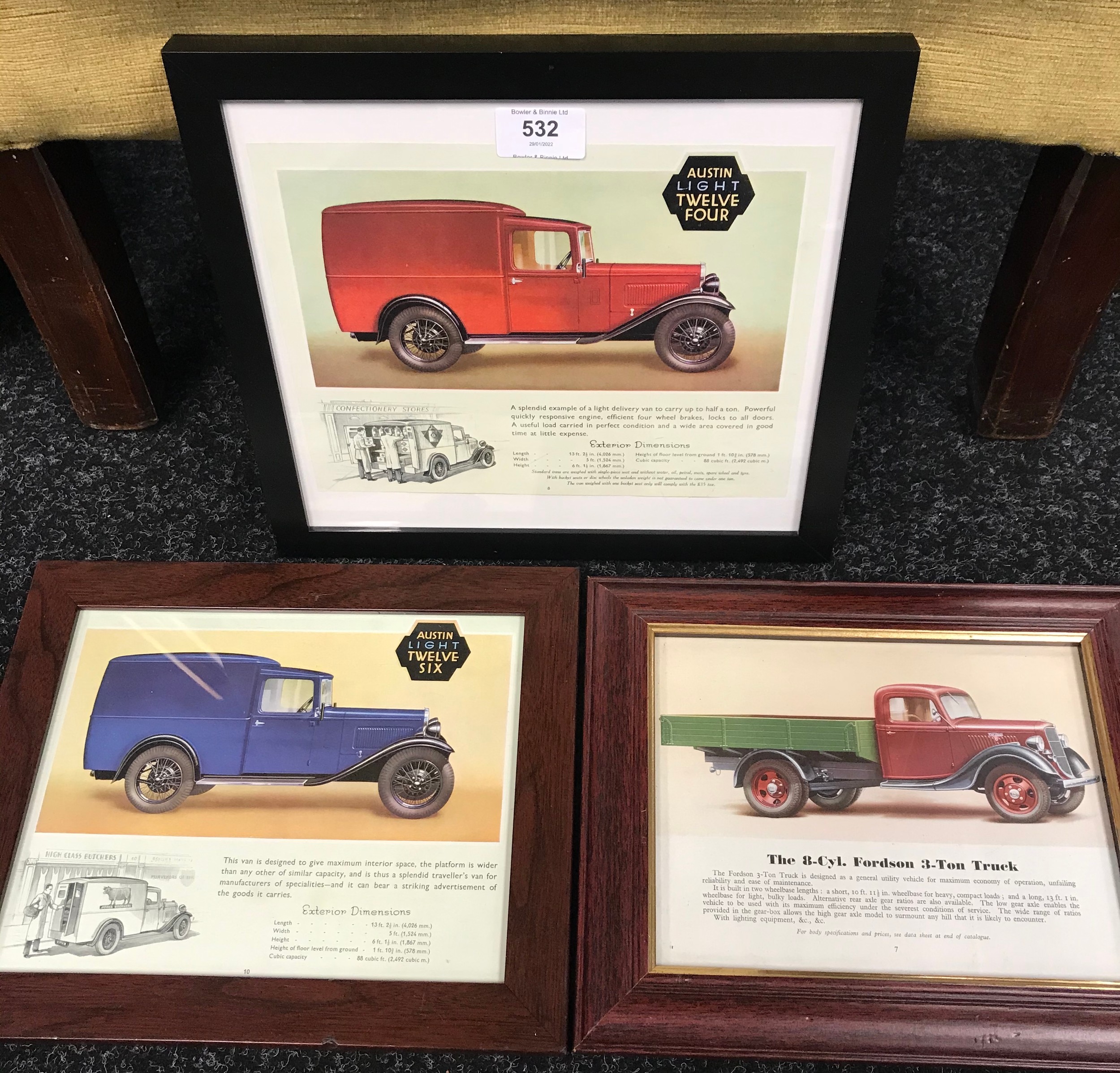 Three original van motor advertisement guides framed, Austin Light Twelve Four and Twelve Six and