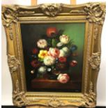 A Large Reproduction oil painting still life depicting a bouquet of flowers within a vase. Signed