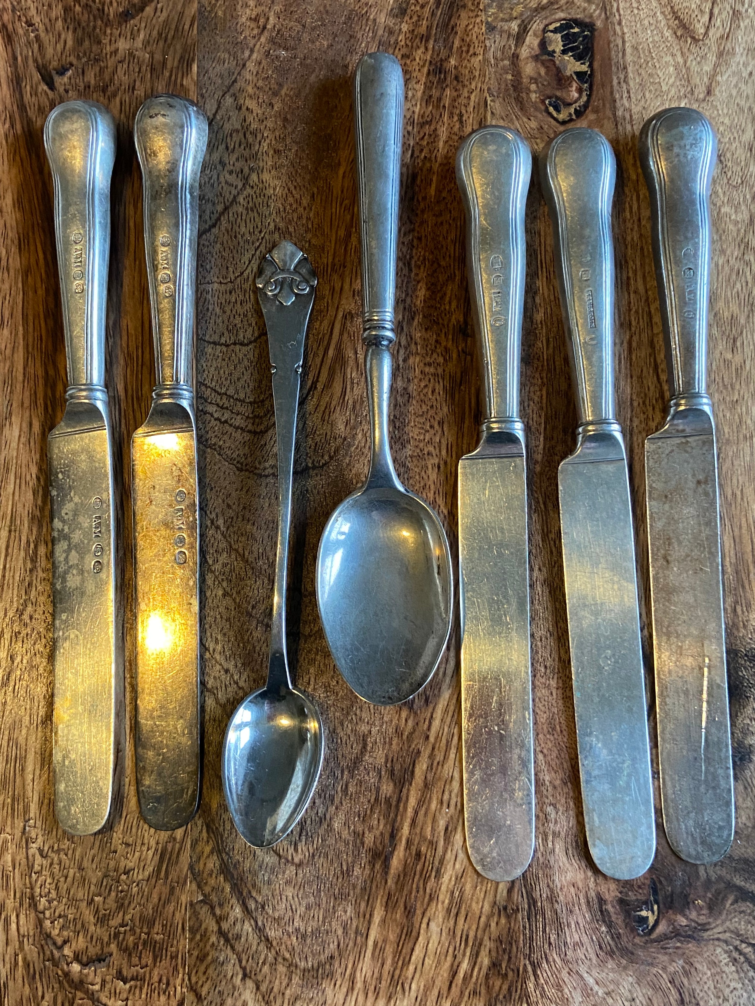 A Selection of Danish silver marked knives, and spoons. Markers mark of long ornate tea spoon-