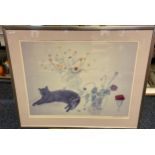 Lithograph print, titled 'Cat & Flowers', [Elizabeth Blackadder], [Frame-80x98cm]